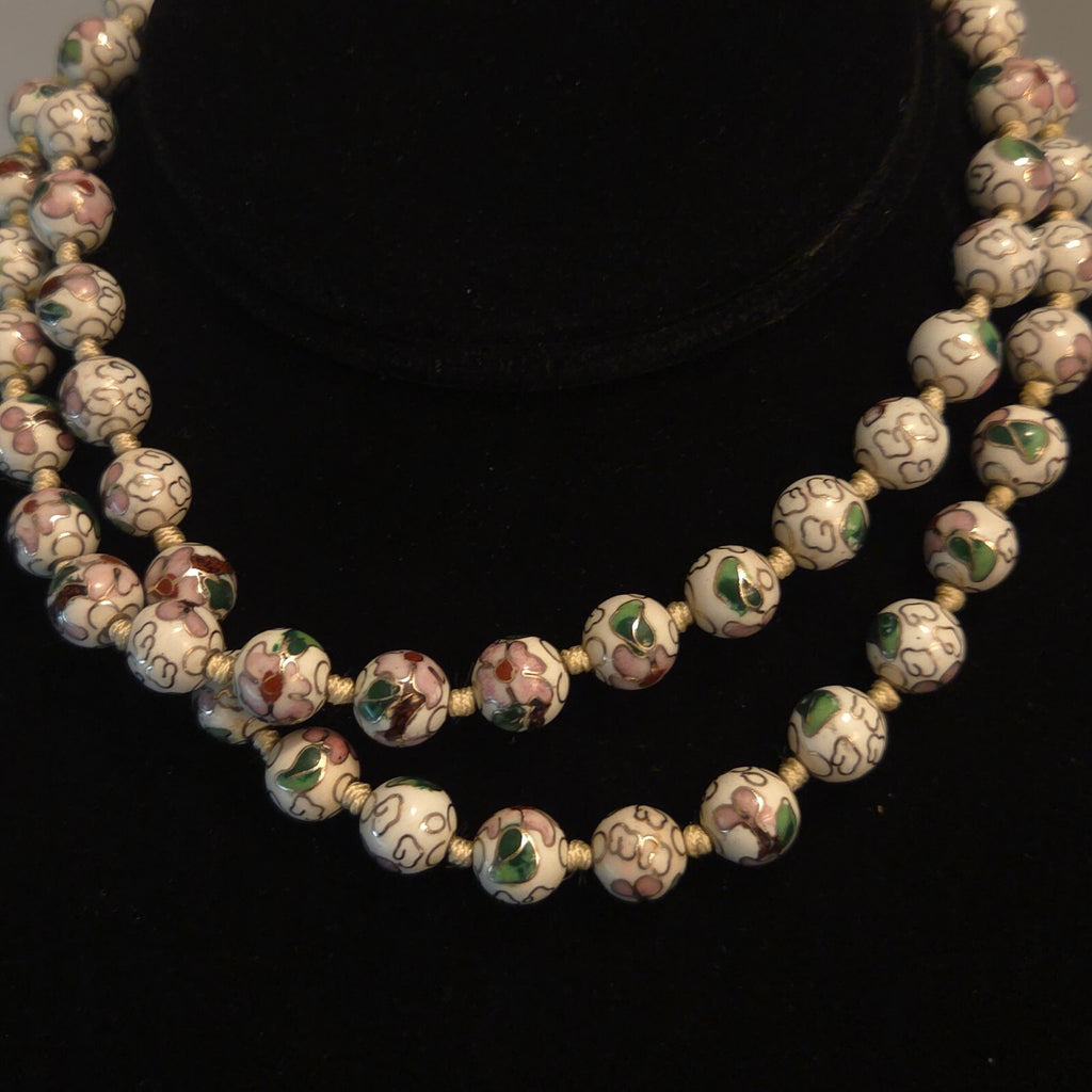 Vintage White 32" Knotted 9.5mm Cloisonné Bead Necklace