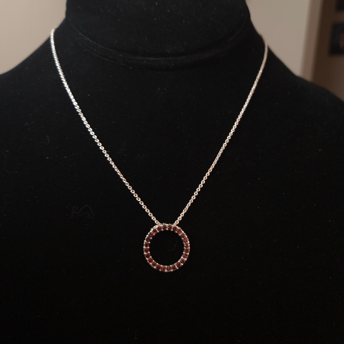 SHB Silver-Tone Red Rhinestone Circle Pendant Necklace