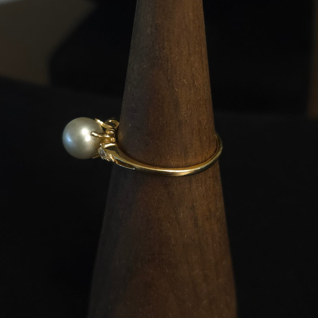 Vintage Size 7 10K Gold 6mm Pearl and CZ Ring