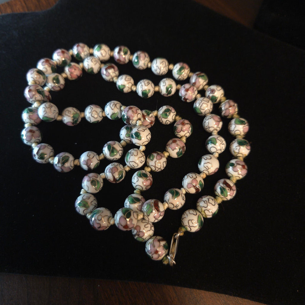 Vintage White 32" Knotted 9.5mm Cloisonné Bead Necklace