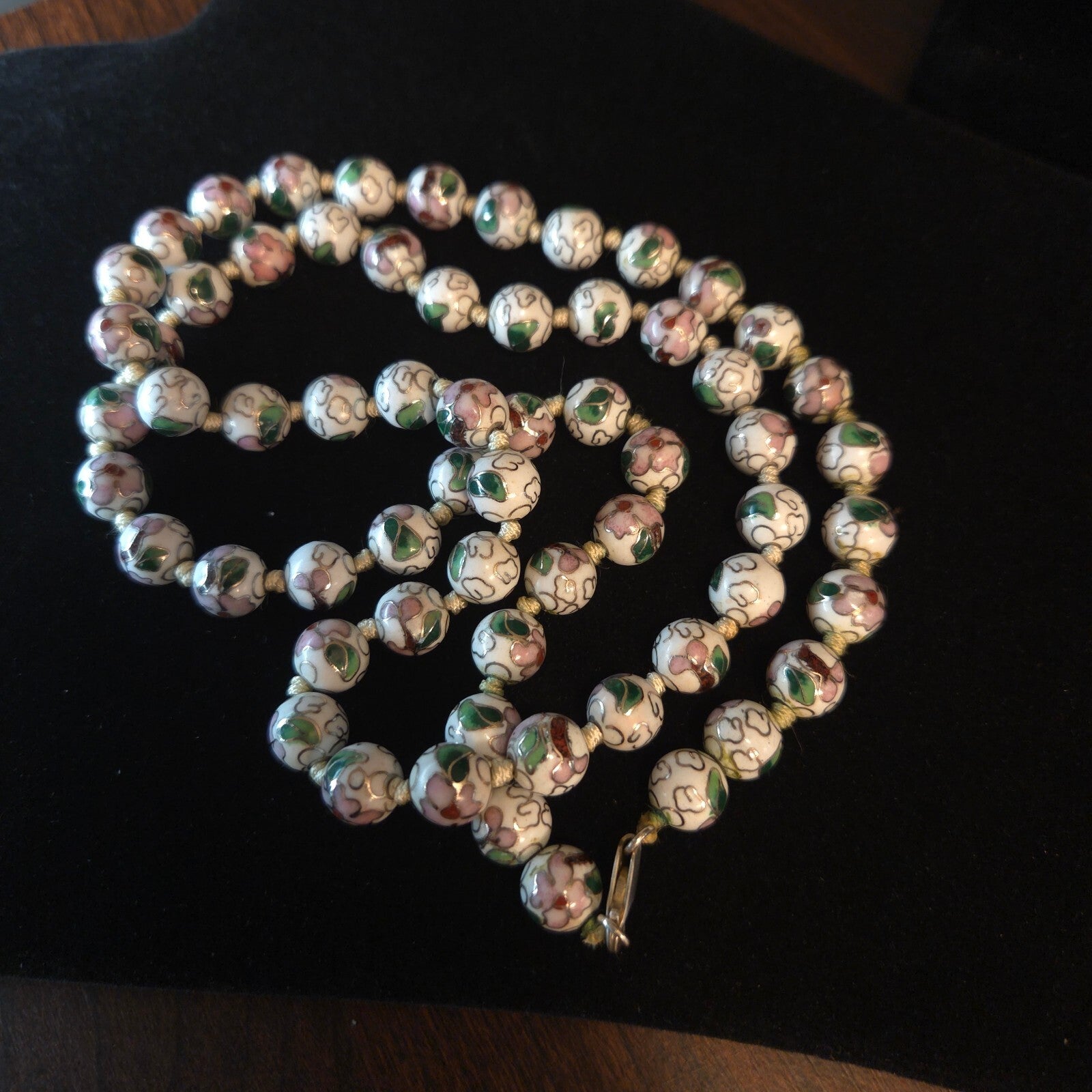 Vintage White 32" Knotted 9.5mm Cloisonné Bead Necklace