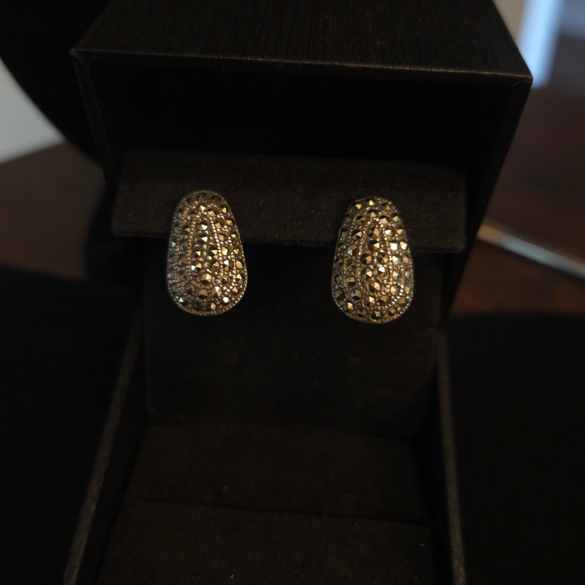 Vintage Art Deco Sterling Silver Teardrop Marcasite Earrings