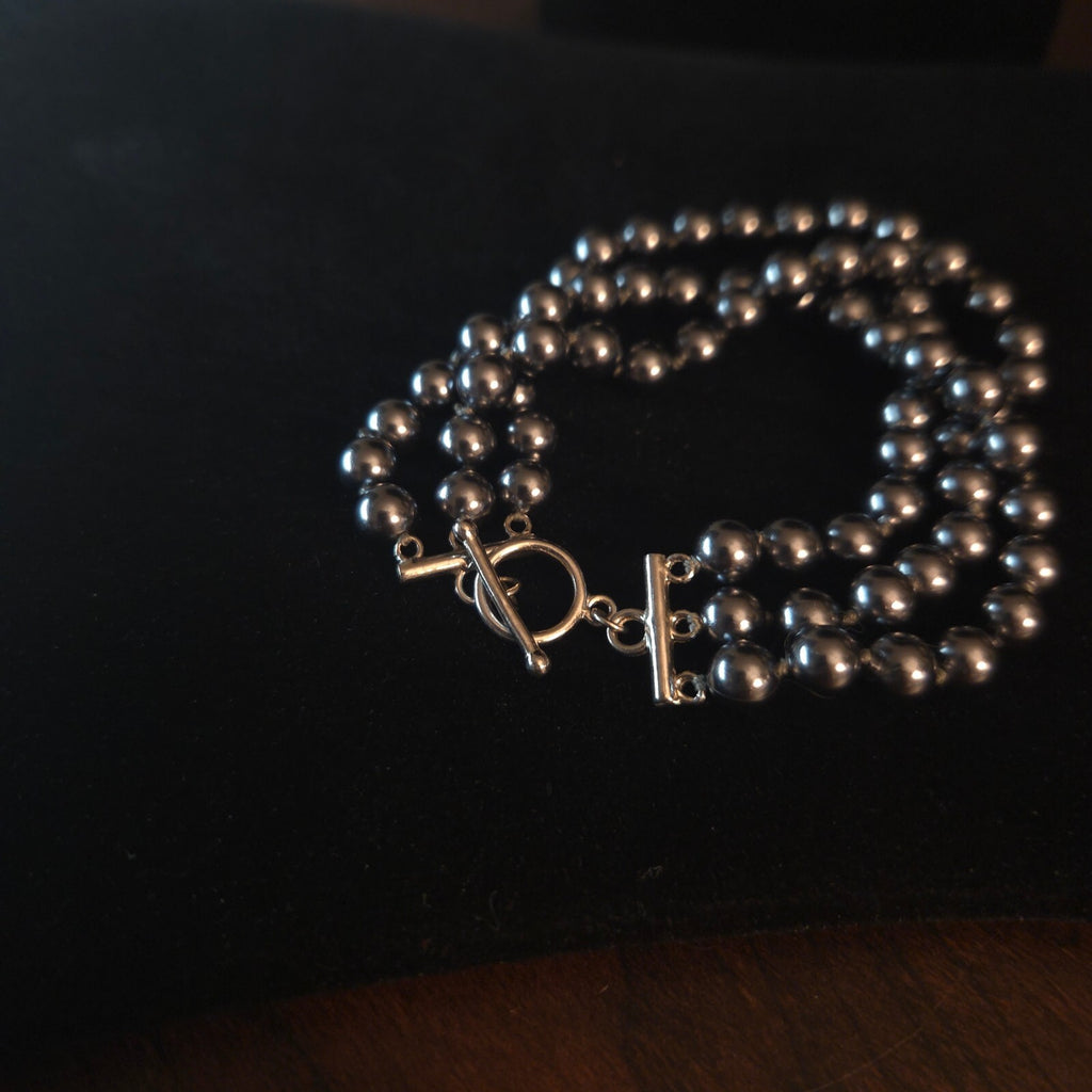 Sterling Silver 7 1/2" 3 Strand Dark Grey Pearl Bracelet