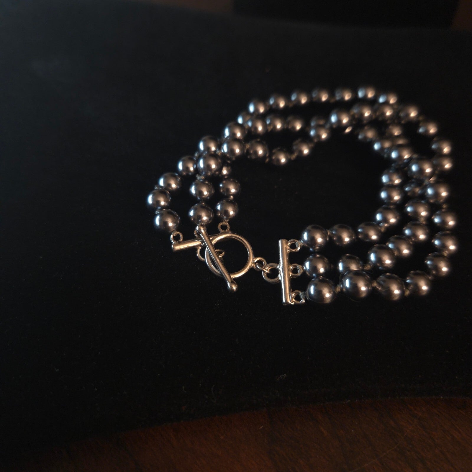 Sterling Silver 7 1/2" 3 Strand Dark Grey Pearl Bracelet