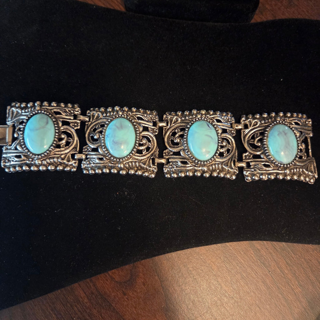 Vintage 7 1/2" Ornate Silver-Tone Turquoise Link Bracelet