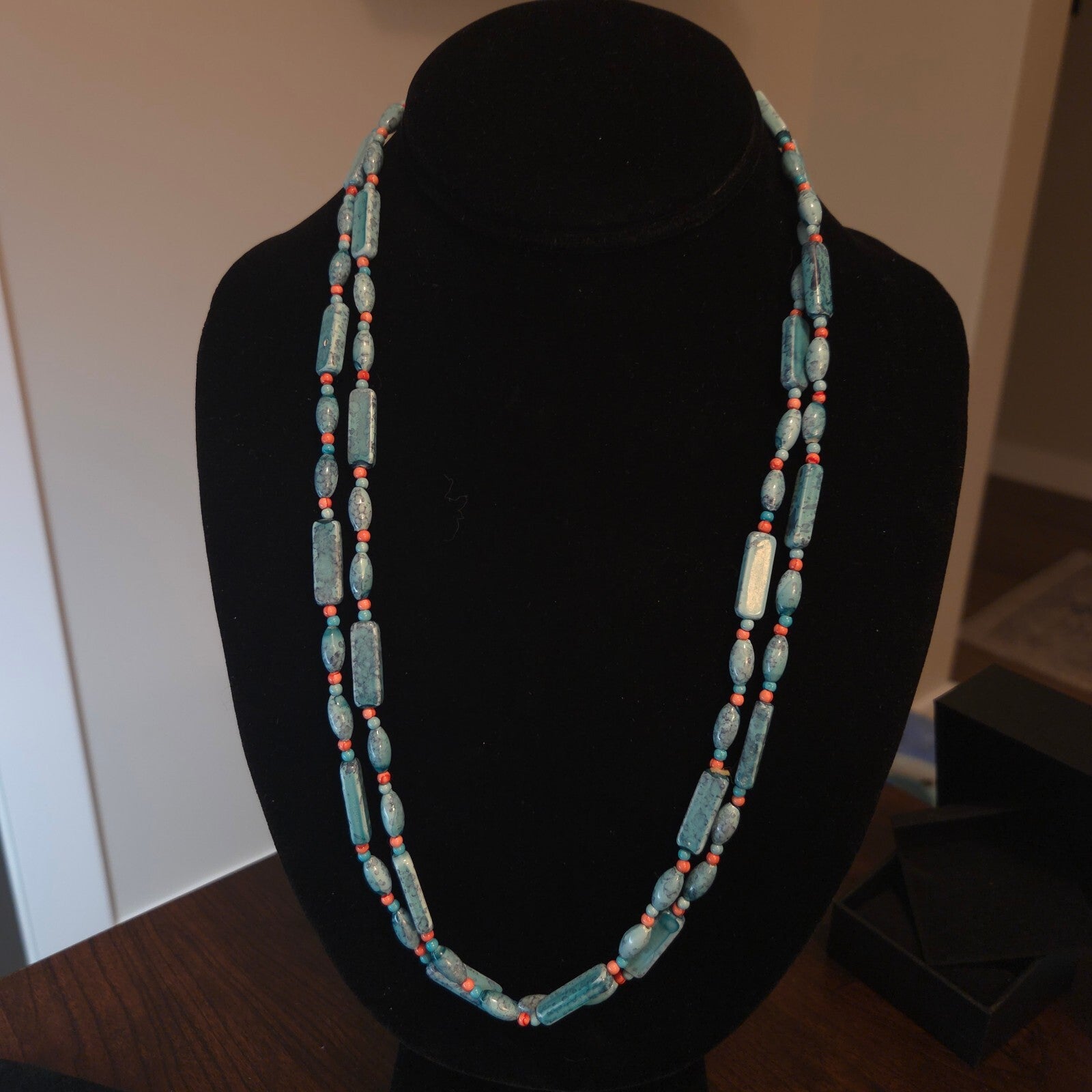 Turquoise and Coral Colored 52" Rectangle and Oval Necklace