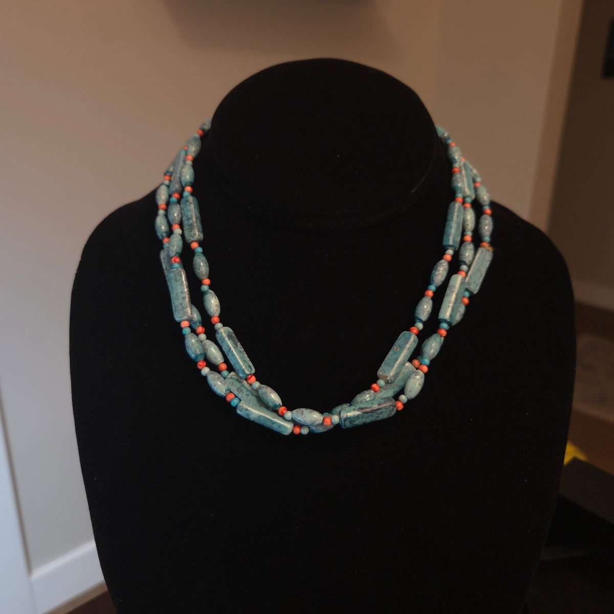 Turquoise and Coral Colored 52" Rectangle and Oval Necklace
