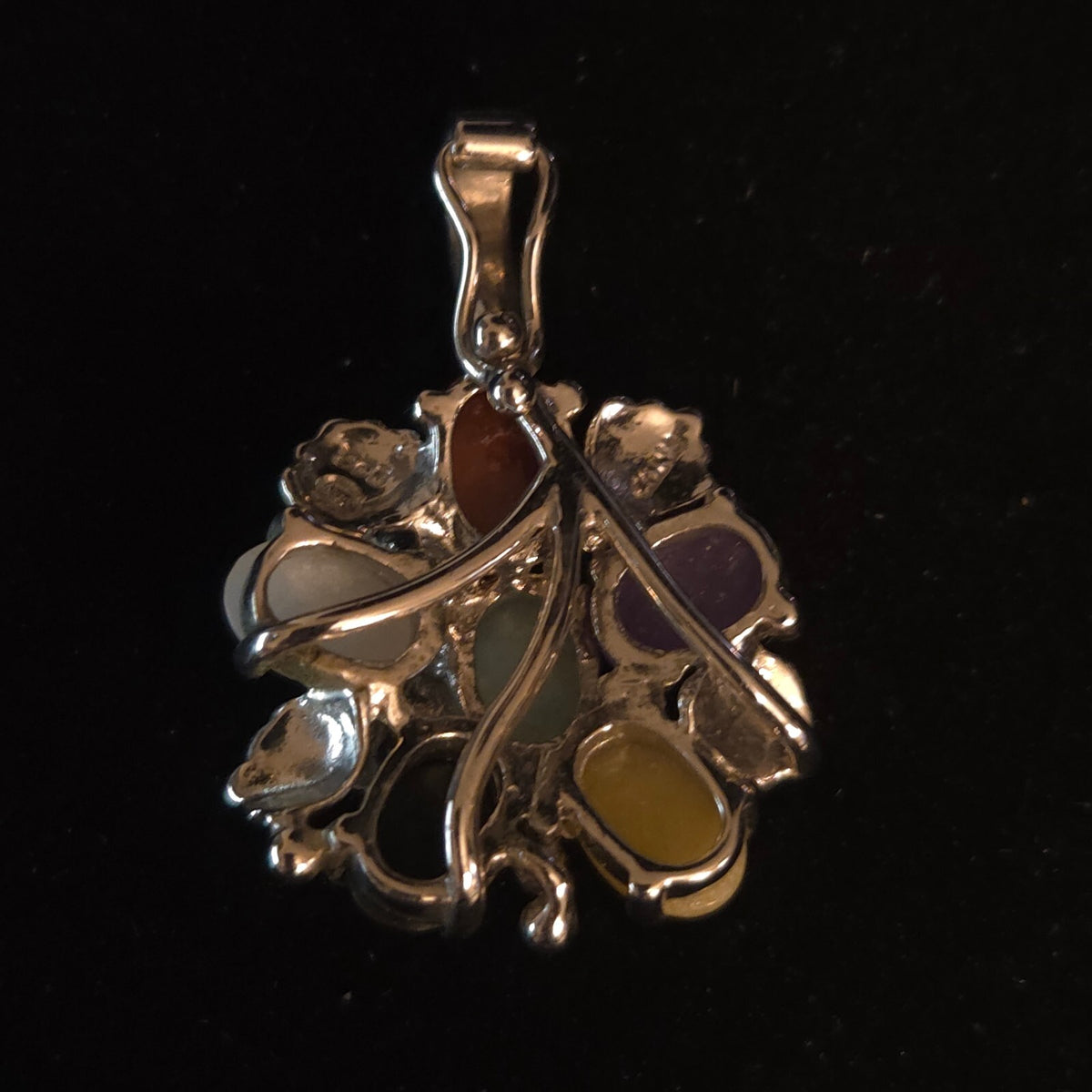 Vintage 925 Sterling Silver Multi-Color Jade Floral Pendant