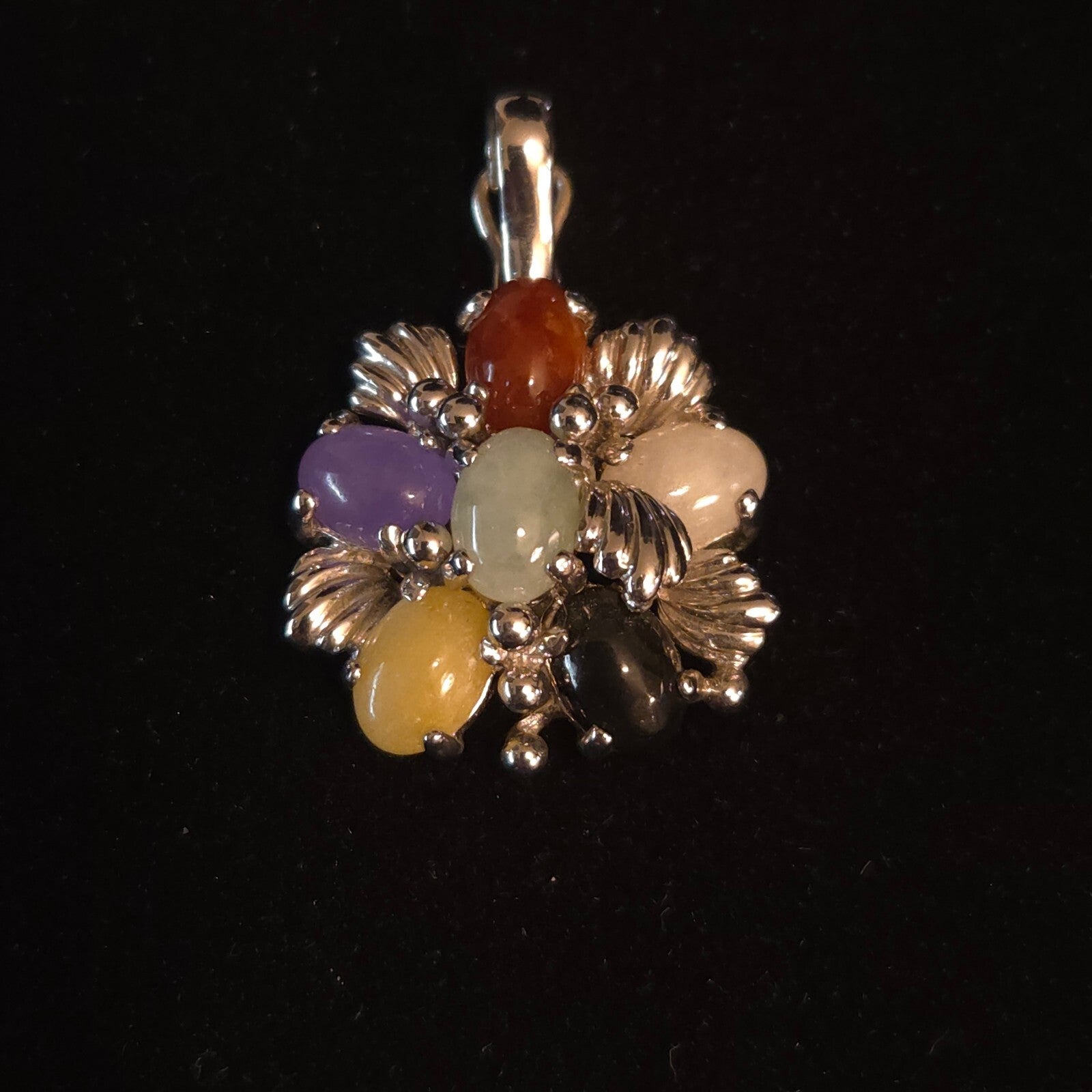 Vintage 925 Sterling Silver Multi-Color Jade Floral Pendant