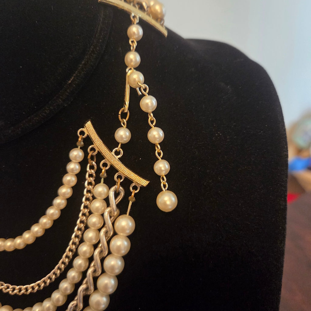 Vintage 5 Layer Faux Pearl and Silver-Tone Chain Necklace