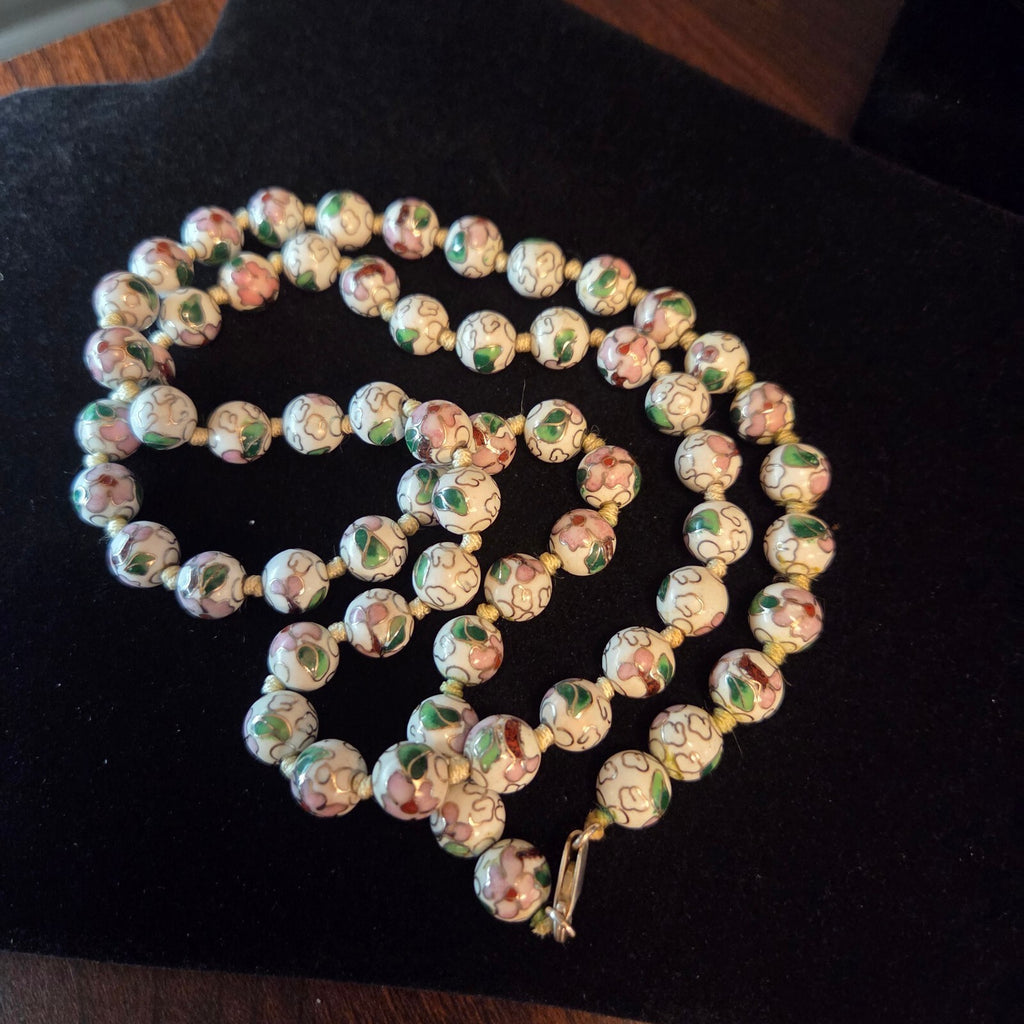 Vintage White 32" Knotted 9.5mm Cloisonné Bead Necklace
