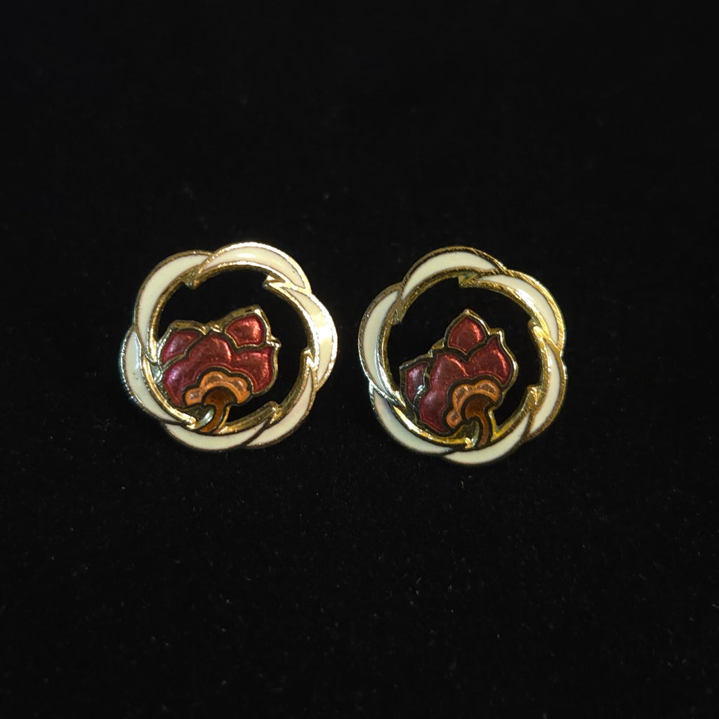 Vintage Round Ivory Cloisonné Enamel Flower Stud Earrings