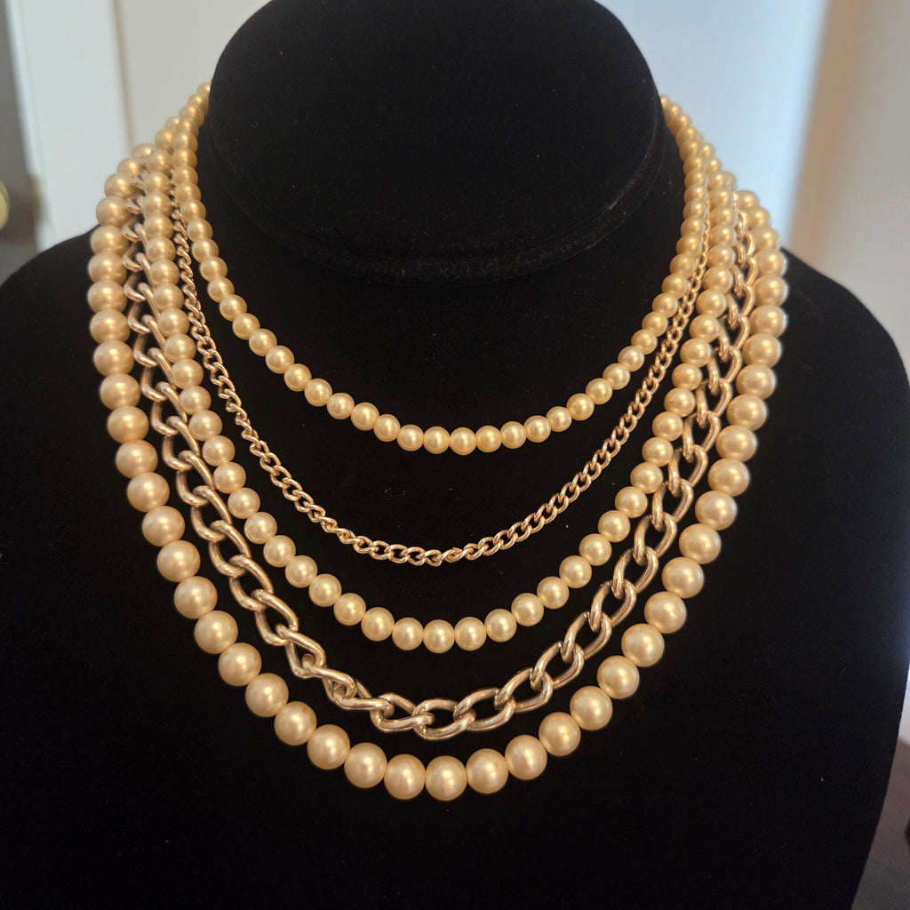 Vintage 5 Layer Faux Pearl and Silver-Tone Chain Necklace