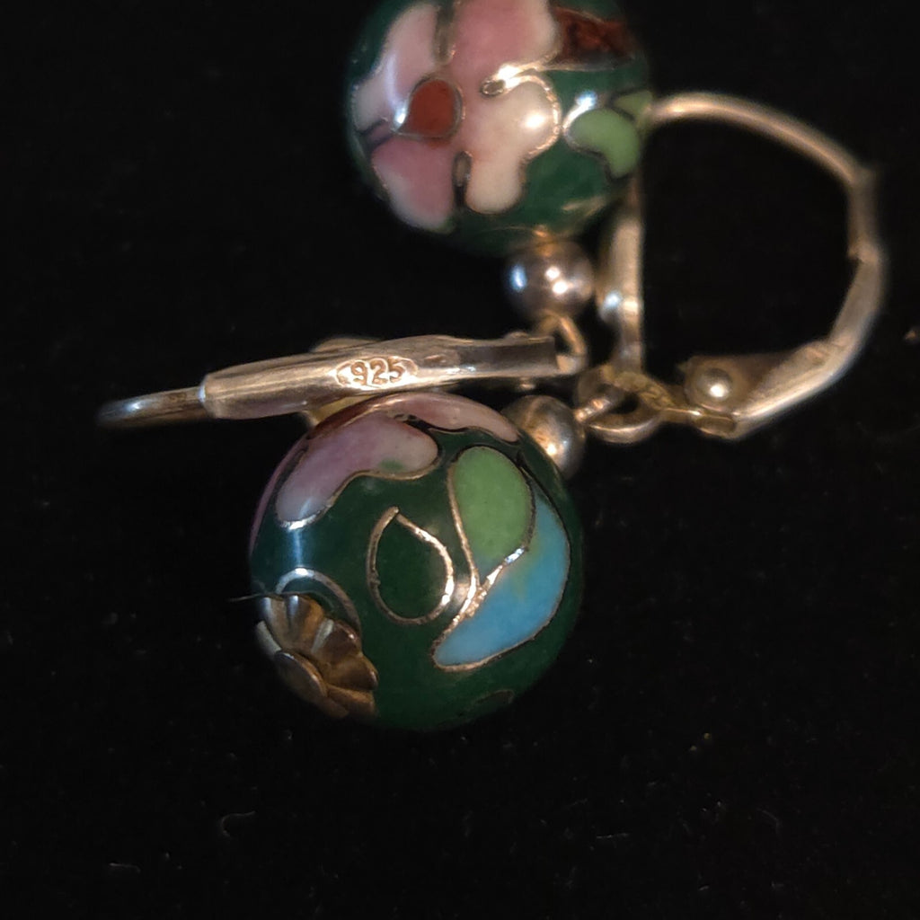 Vintage Sterling Silver Dark Green Cloisonné Drop Earrings