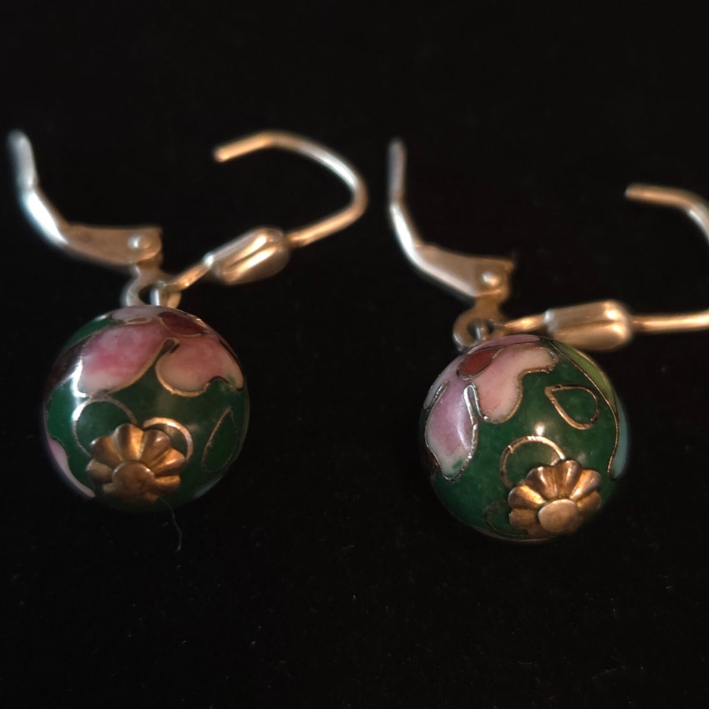 Vintage Sterling Silver Dark Green Cloisonné Drop Earrings
