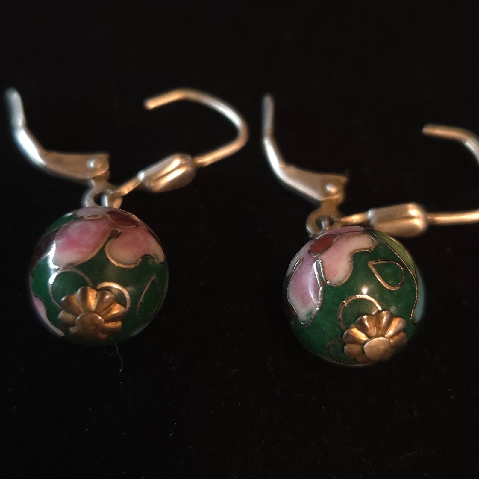 Vintage Sterling Silver Dark Green Cloisonné Drop Earrings