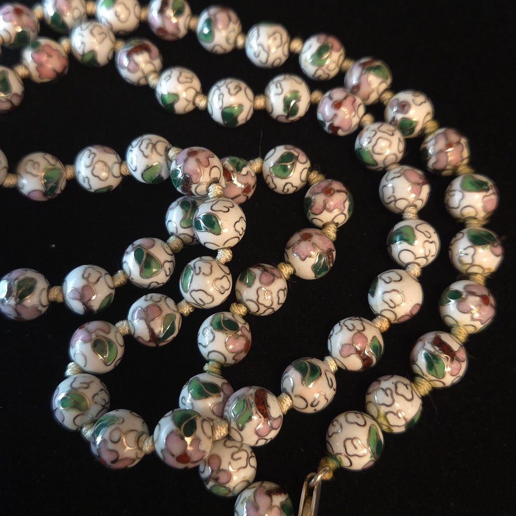 Vintage White 32" Knotted 9.5mm Cloisonné Bead Necklace