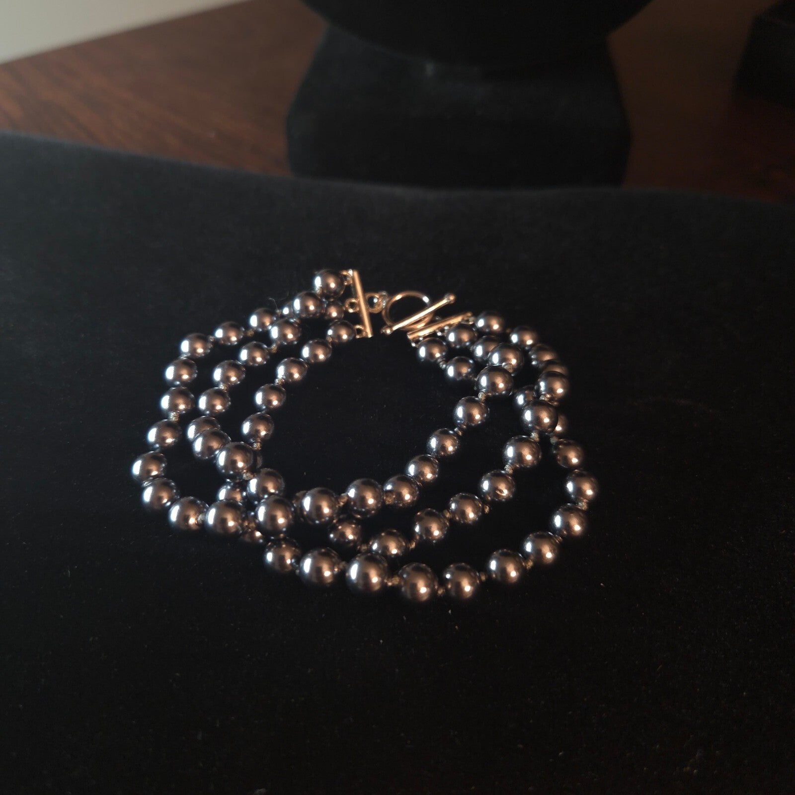 Sterling Silver 7 1/2" 3 Strand Dark Grey Pearl Bracelet