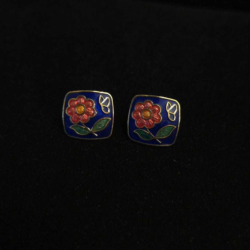 Vintage Square Blue Cloisonné Enamel Flower Stud Earrings