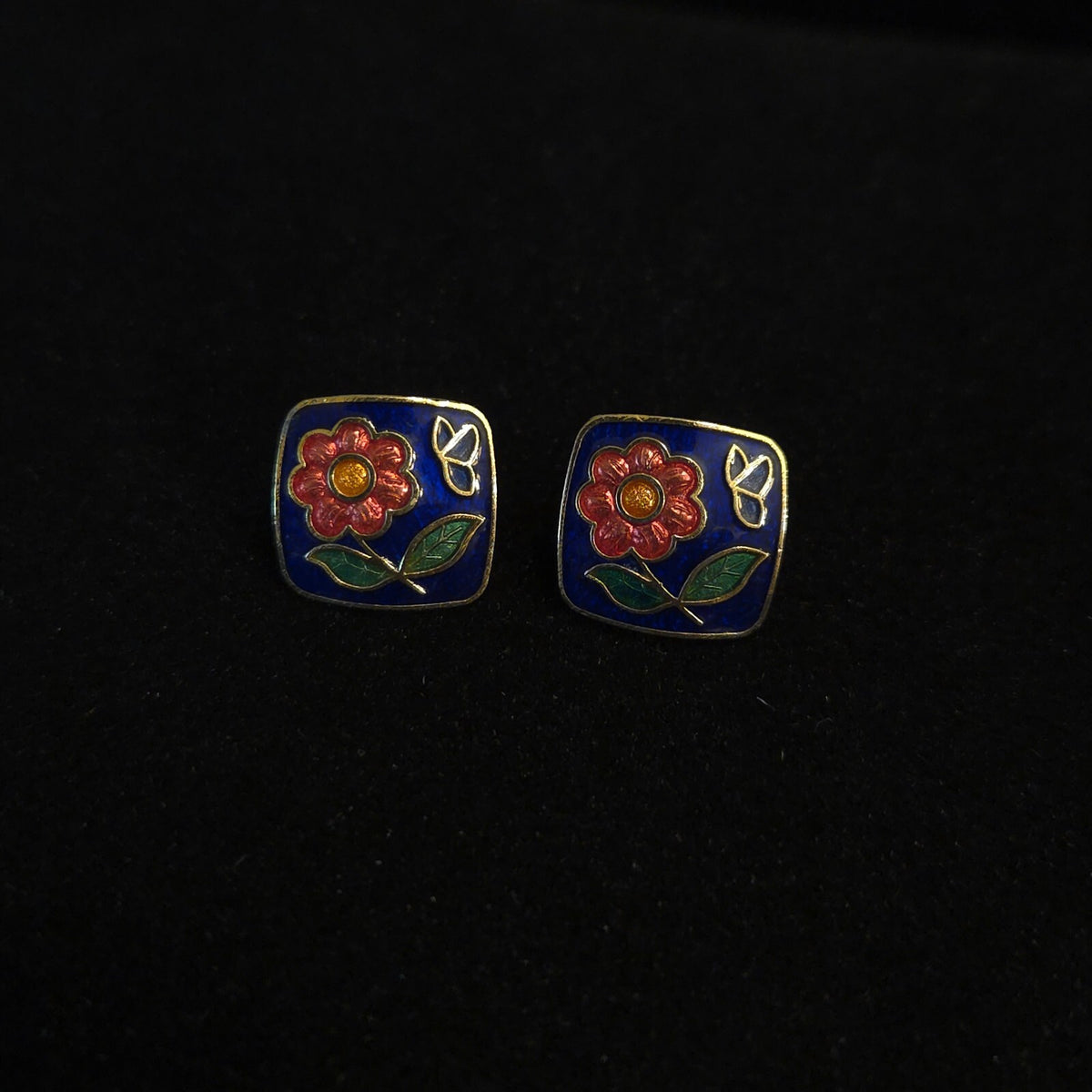 Vintage Square Blue Cloisonné Enamel Flower Stud Earrings