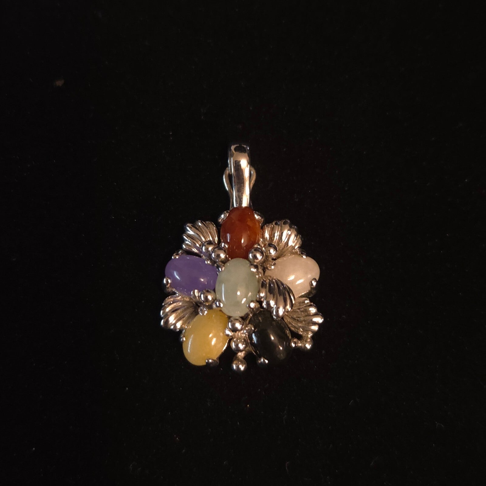 Vintage 925 Sterling Silver Multi-Color Jade Floral Pendant