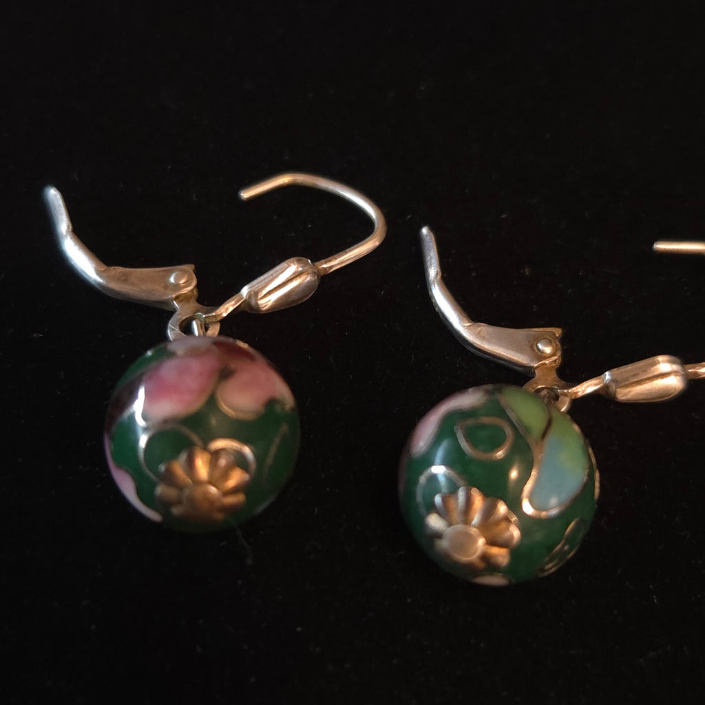 Vintage Sterling Silver Dark Green Cloisonné Drop Earrings