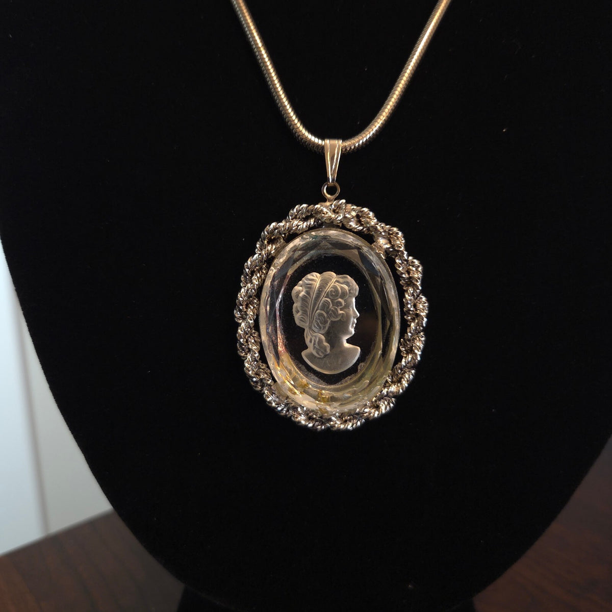 Vintage Glass Cameo pendant on 19" Silver Snake Chain