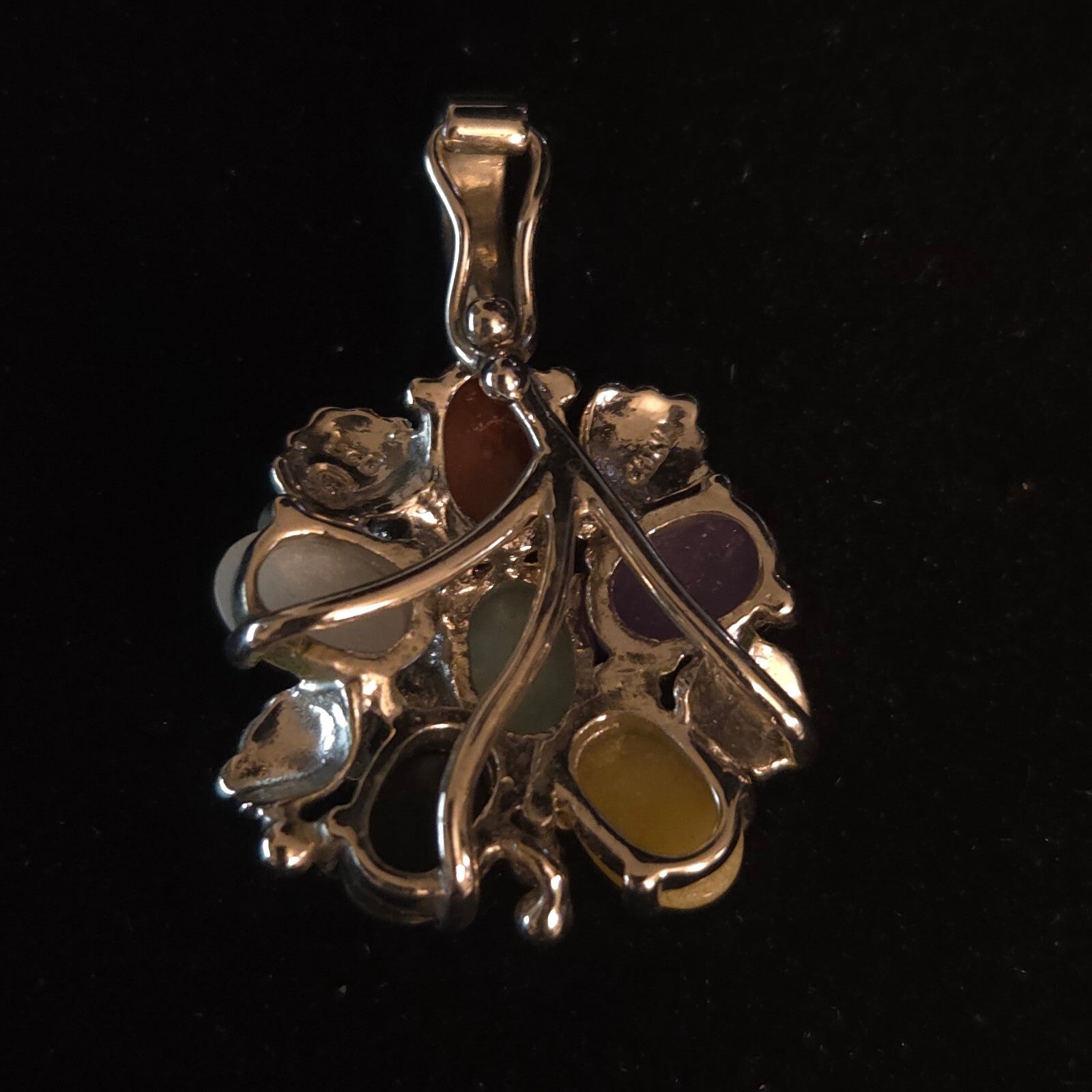 Vintage 925 Sterling Silver Multi-Color Jade Floral Pendant