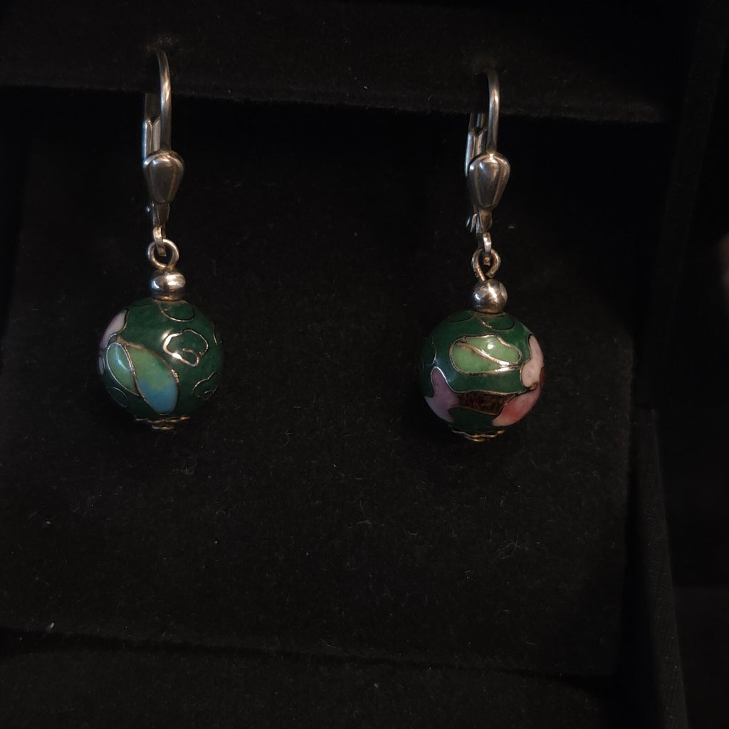 Vintage Sterling Silver Dark Green Cloisonné Drop Earrings