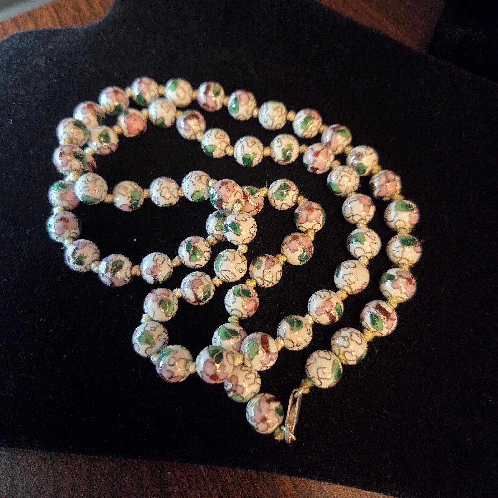 Vintage White 32" Knotted 9.5mm Cloisonné Bead Necklace