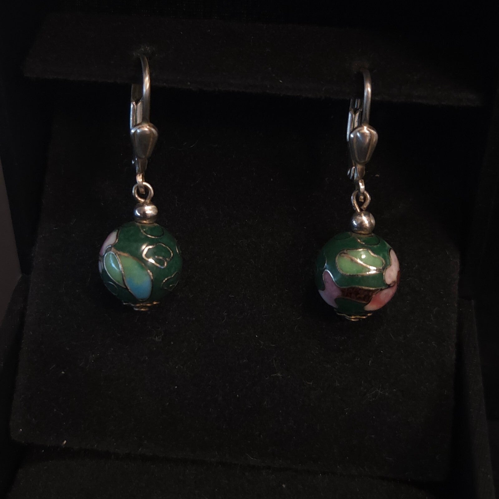 Vintage Sterling Silver Dark Green Cloisonné Drop Earrings