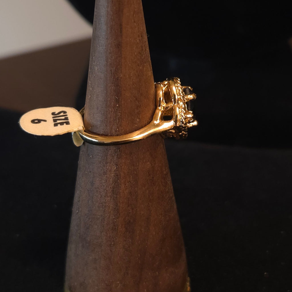 Vintage 24K HGE LIND Black Marquise Clover Size 6 Ring