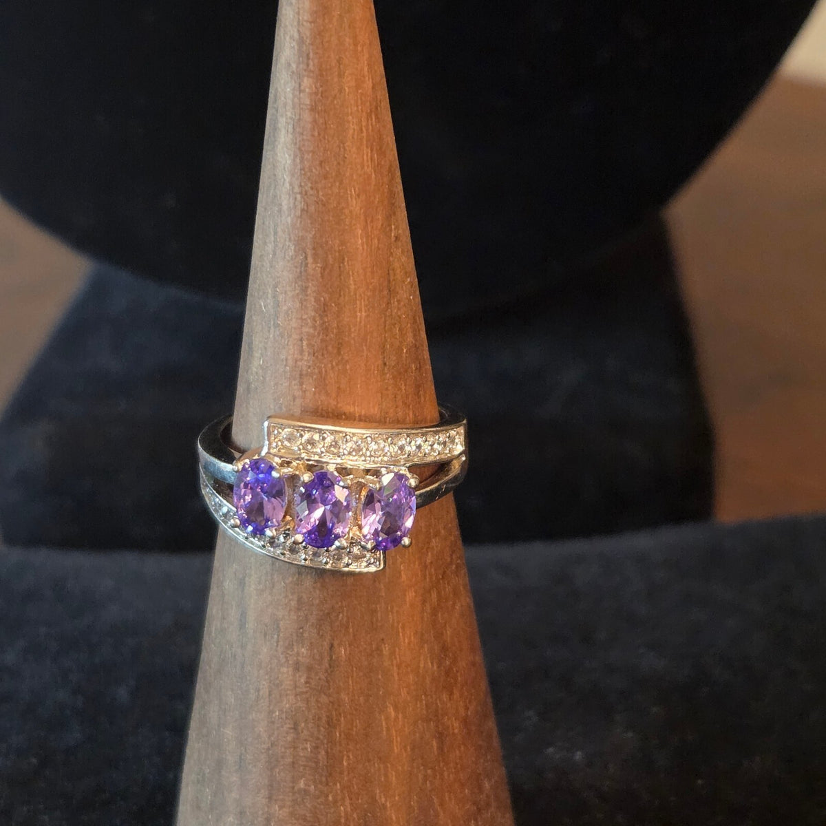 Silver Plated Cocktail Ring with Purple Stones