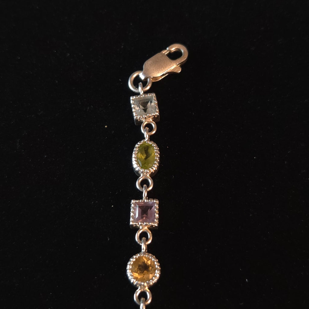 Vintage 7 1/4" Sterling Silver Multi-Gemstone Link Bracelet