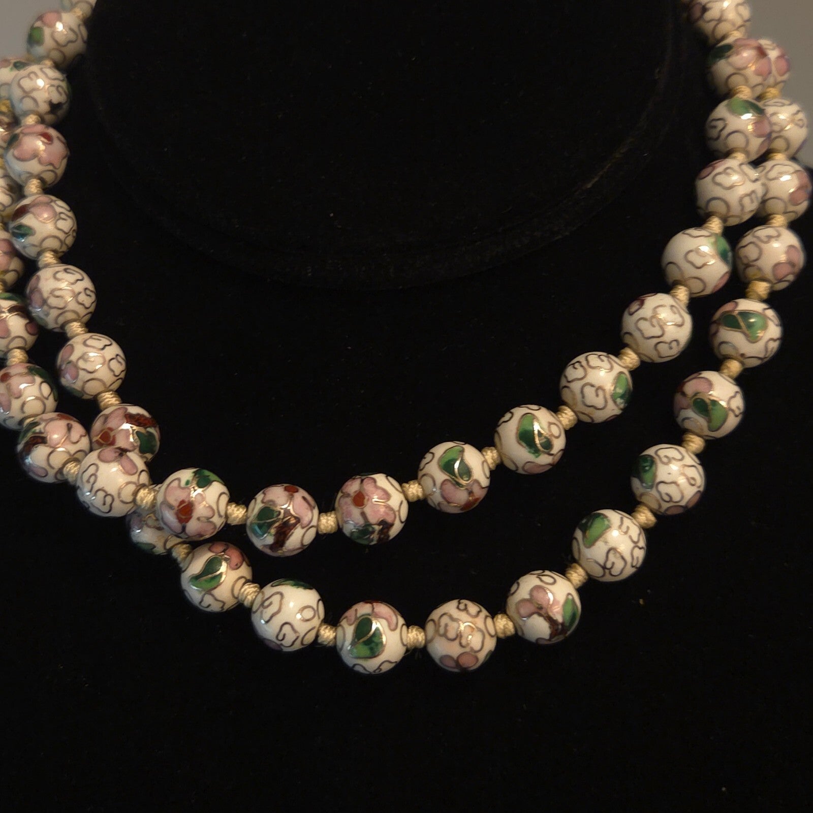 Vintage White 32" Knotted 9.5mm Cloisonné Bead Necklace