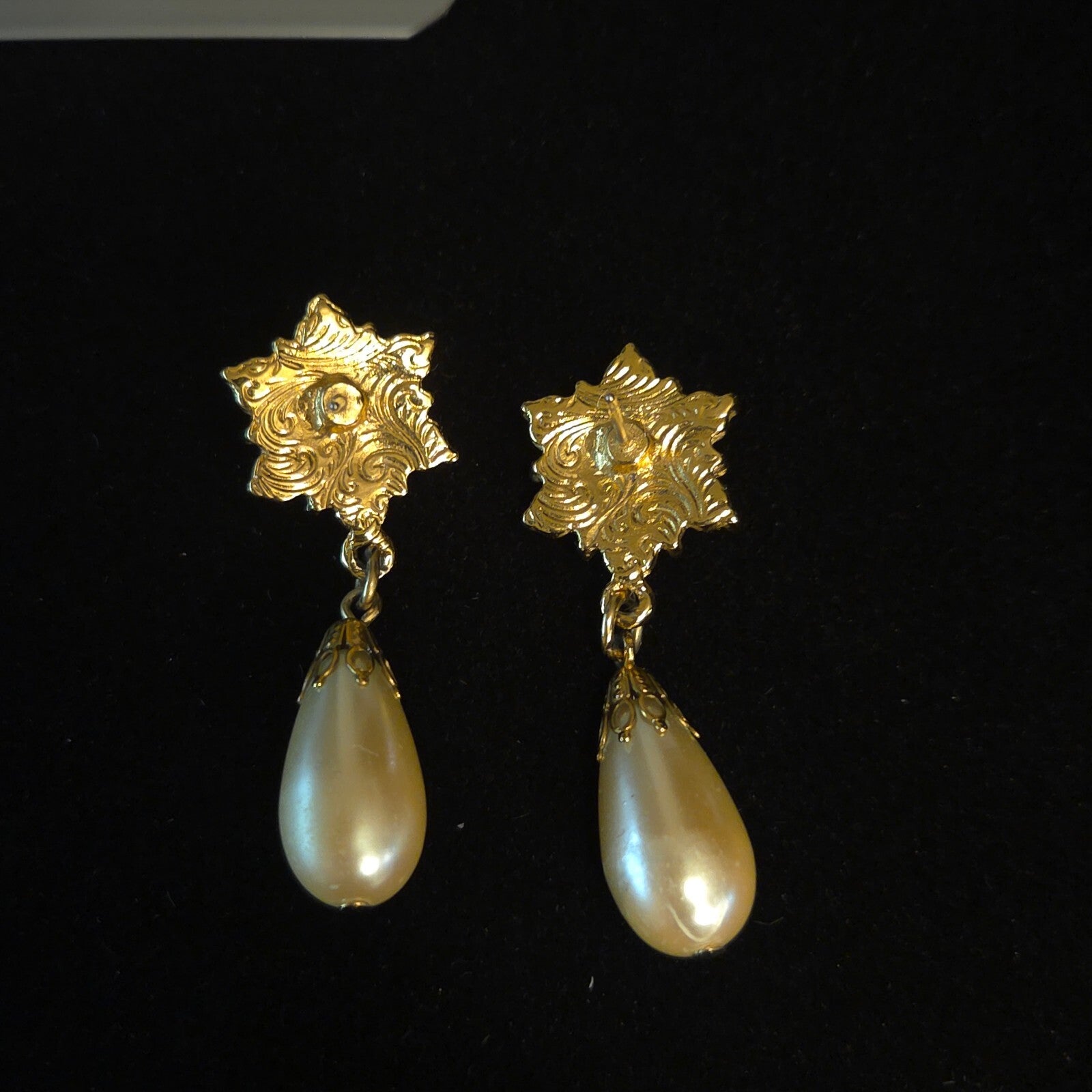 Vintage 1928 Gold-Tone Pearl & Crystal Dangle Earrings