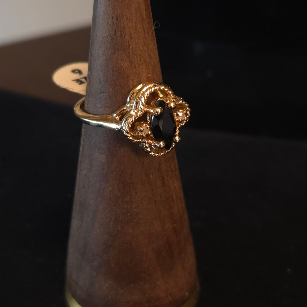 Vintage 24K HGE LIND Black Marquise Clover Size 6 Ring