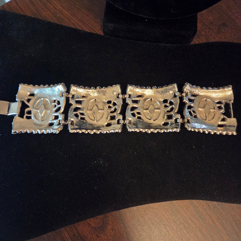 Vintage 7 1/2" Ornate Silver-Tone Turquoise Link Bracelet