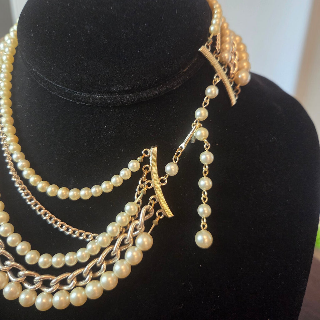 Vintage 5 Layer Faux Pearl and Silver-Tone Chain Necklace