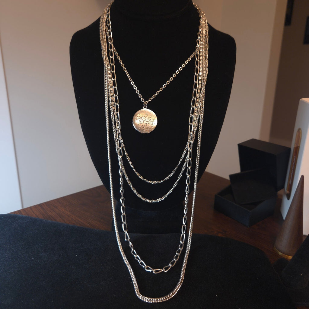 Silver-Tone 5 Strand Locket Necklace