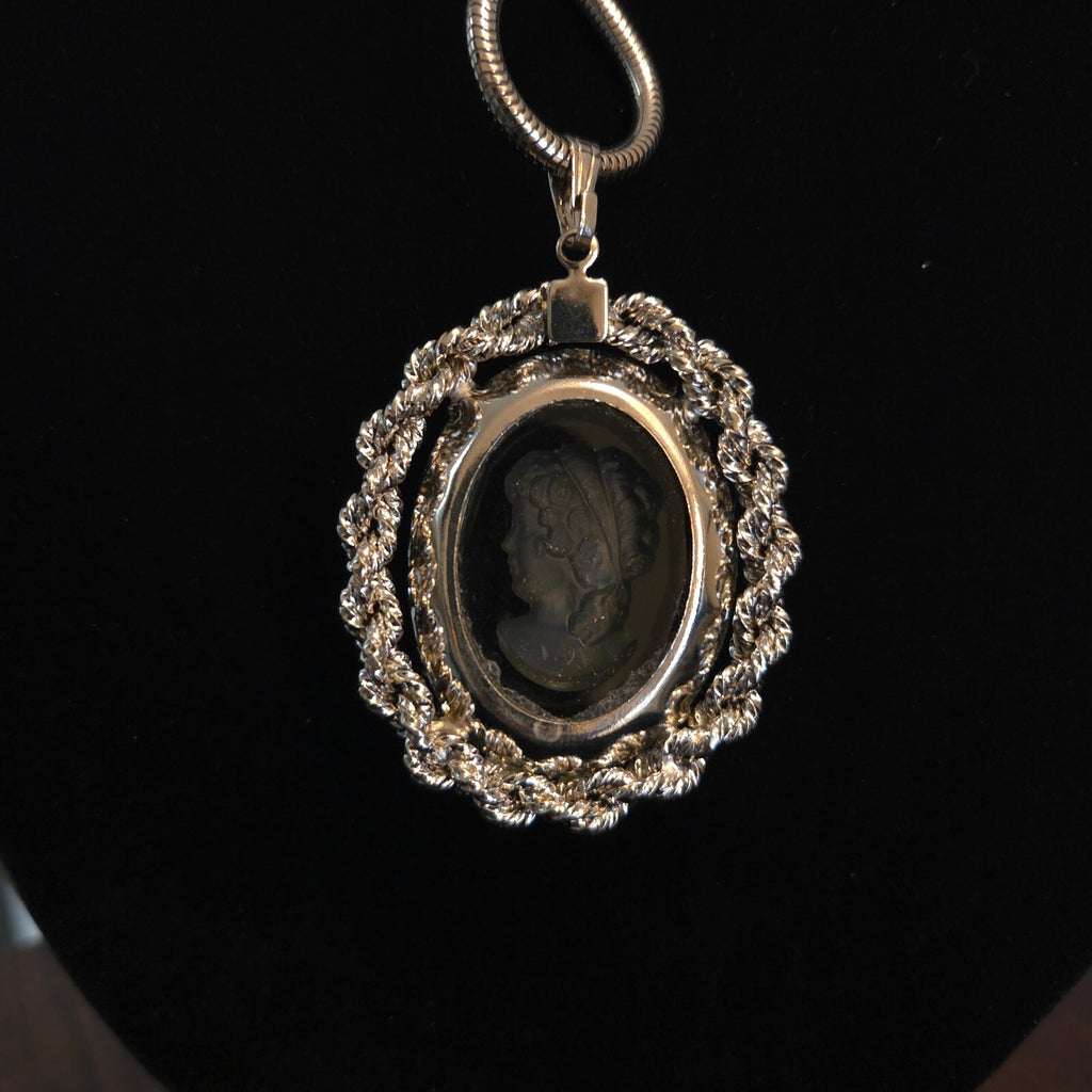 Vintage Glass Cameo pendant on 19" Silver Snake Chain