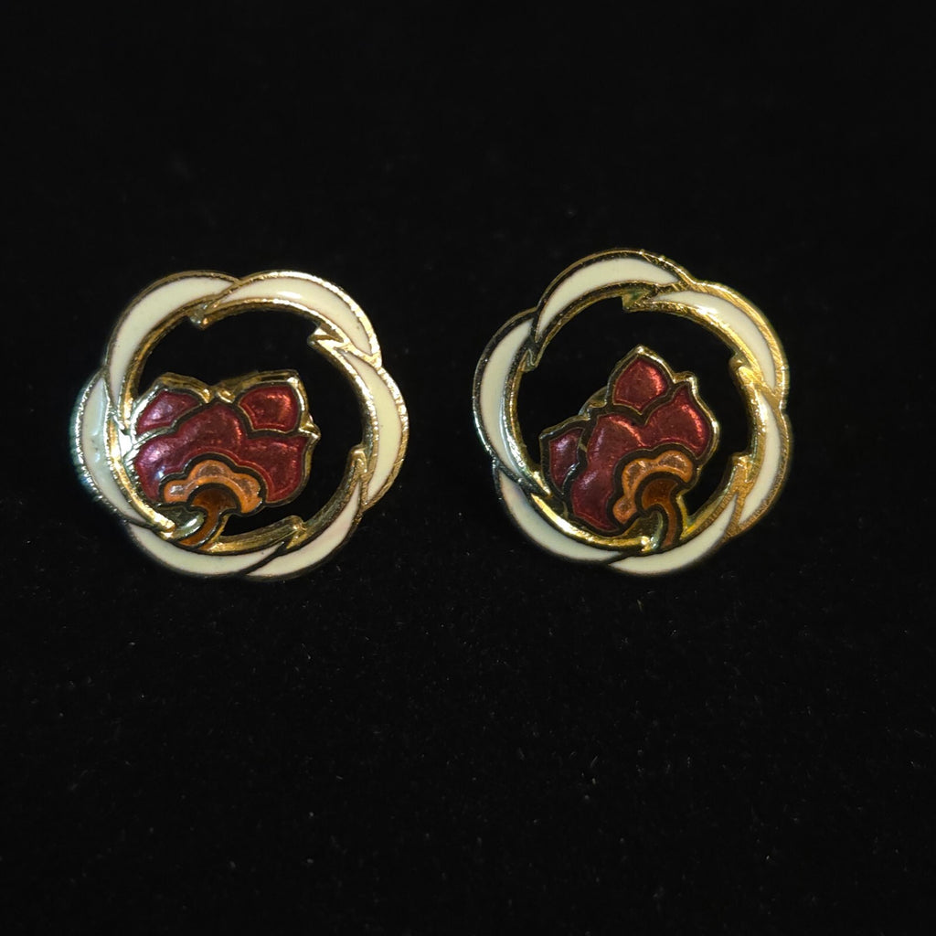 Vintage Round Ivory Cloisonné Enamel Flower Stud Earrings