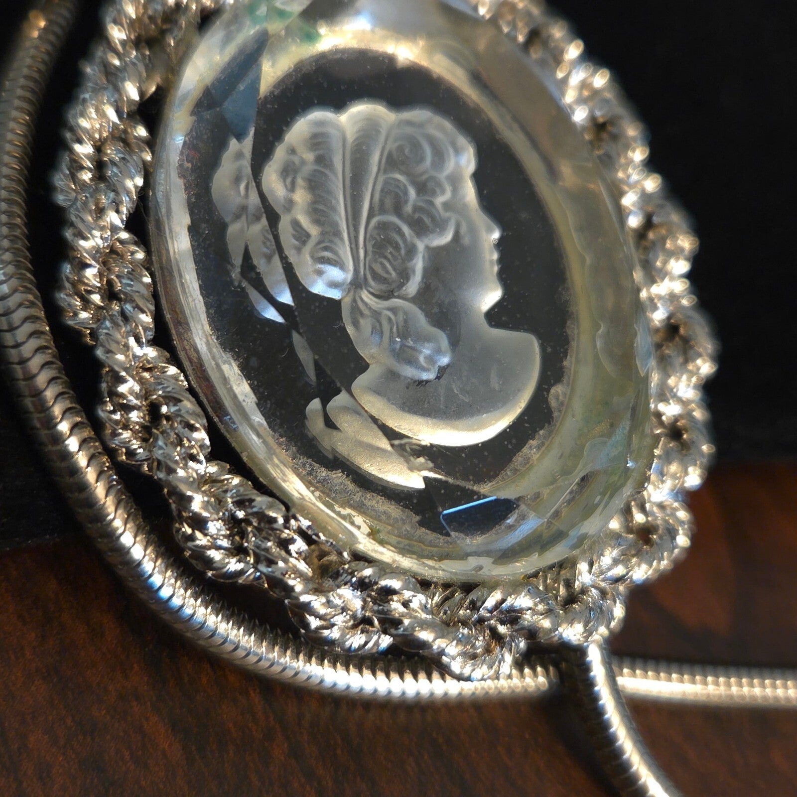 Vintage Glass Cameo pendant on 19" Silver Snake Chain