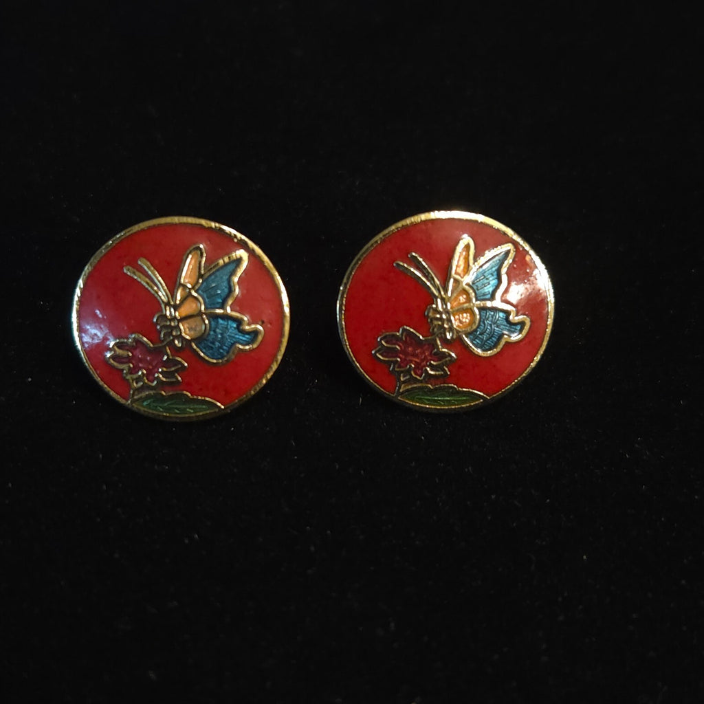 Vintage Round Red Cloisonné Enamel Stud Earrings