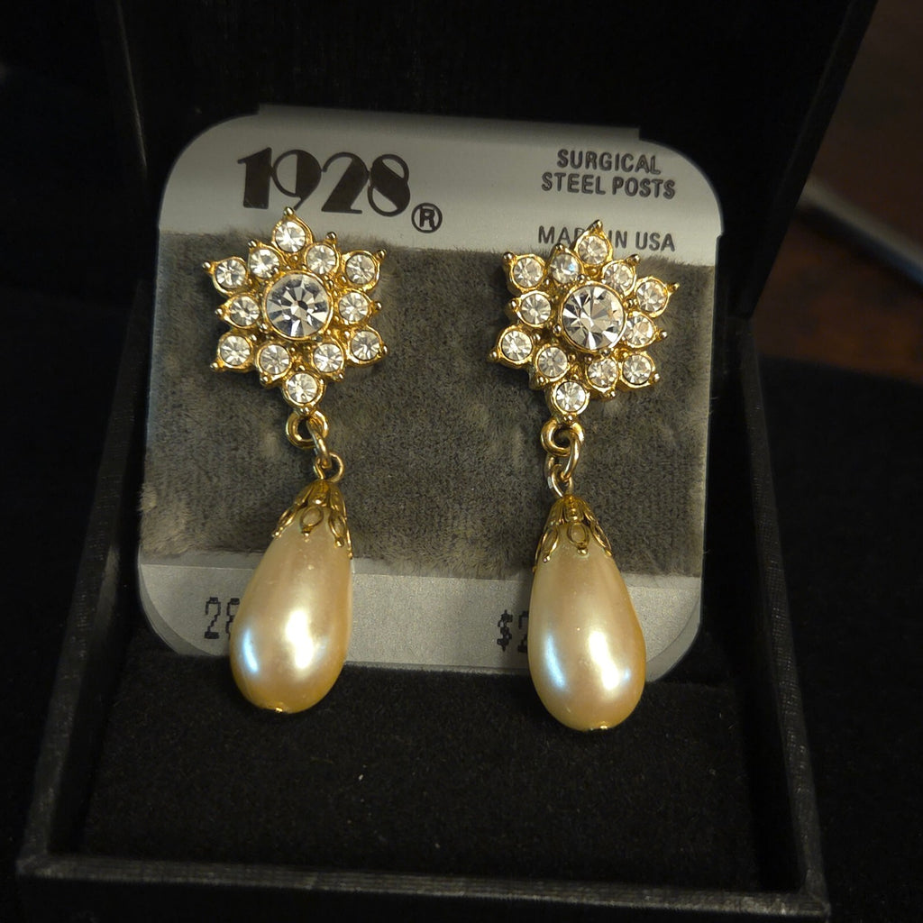 Vintage 1928 Gold-Tone Pearl & Crystal Dangle Earrings