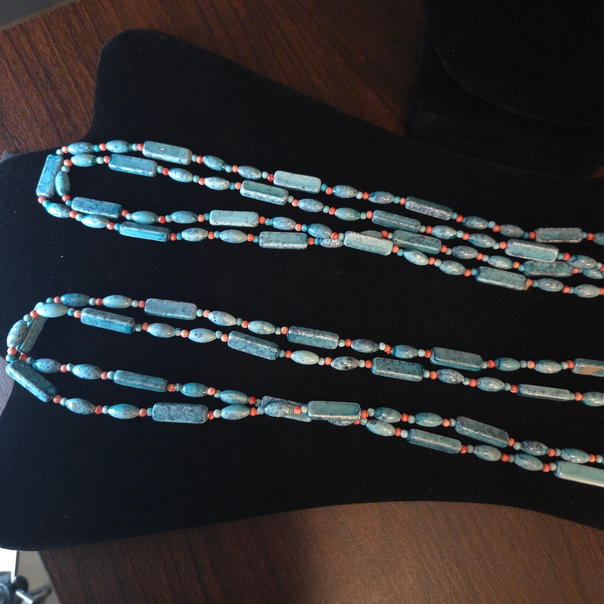 Turquoise and Coral Colored 52" Rectangle and Oval Necklace