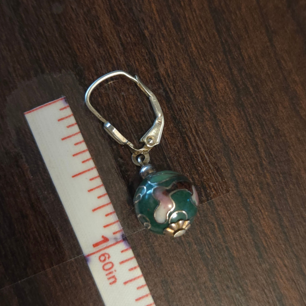 Vintage Sterling Silver Dark Green Cloisonné Drop Earrings