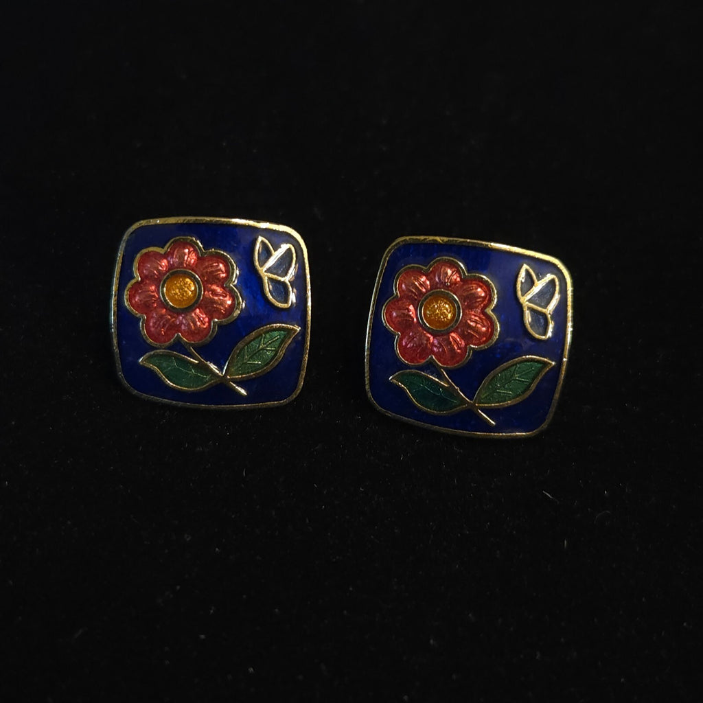Vintage Square Blue Cloisonné Enamel Flower Stud Earrings