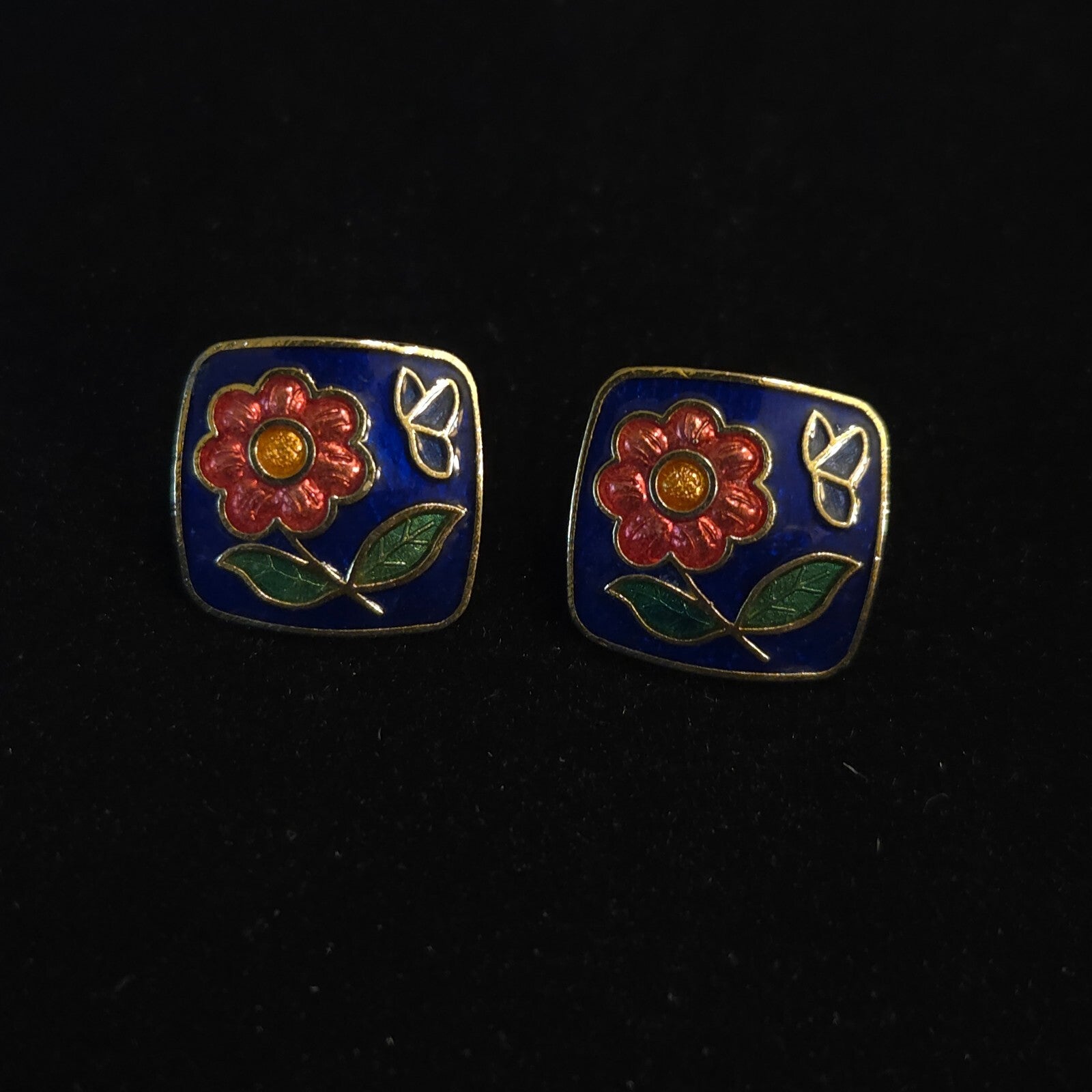 Vintage Square Blue Cloisonné Enamel Flower Stud Earrings