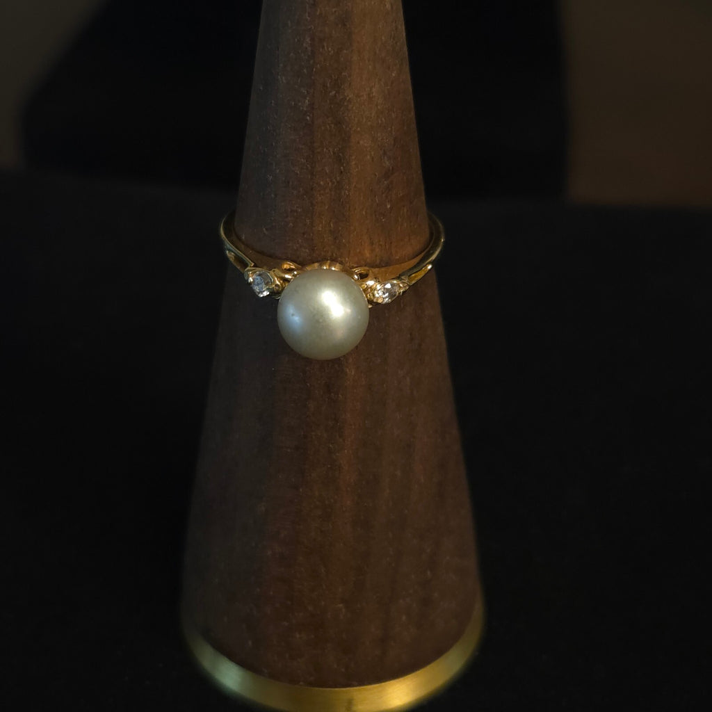 Vintage Size 7 10K Gold 6mm Pearl and CZ Ring